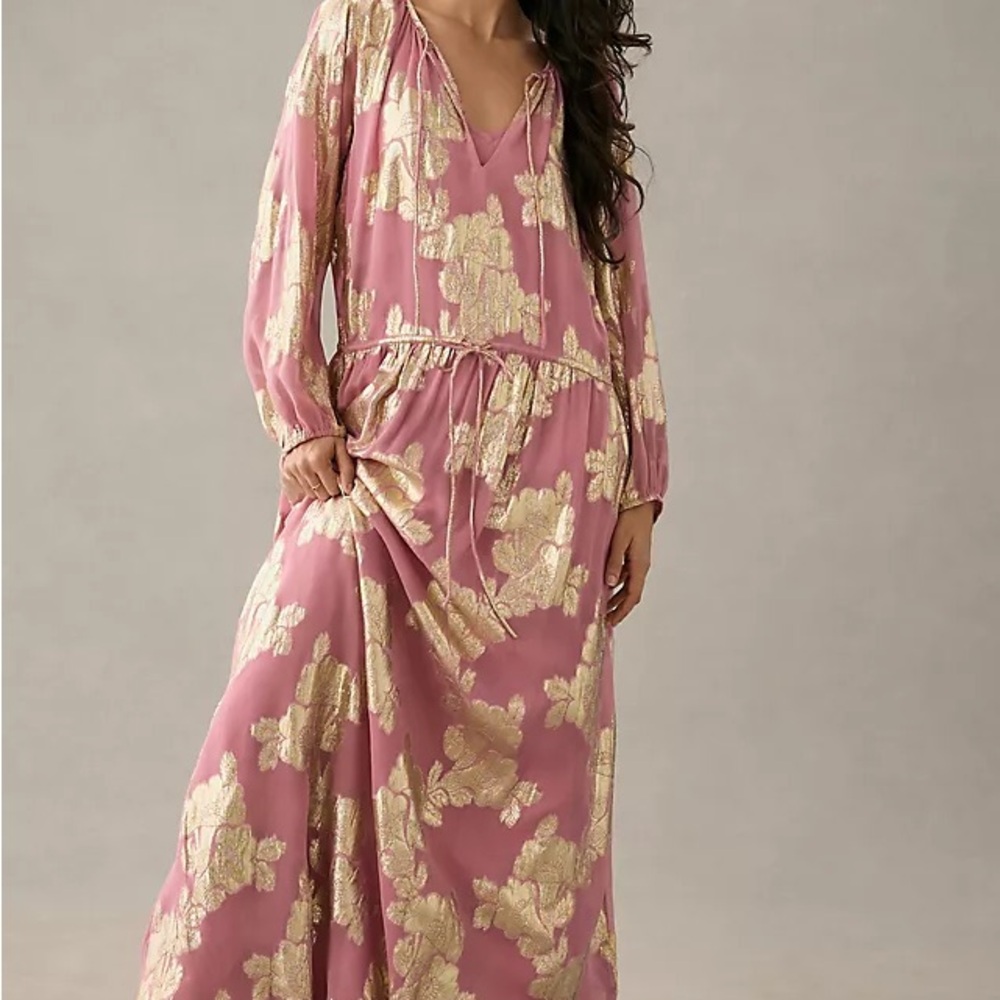 Anthropologie Shruti Sanchi Tie Neck Rose Gold Metallic Maxi Dress